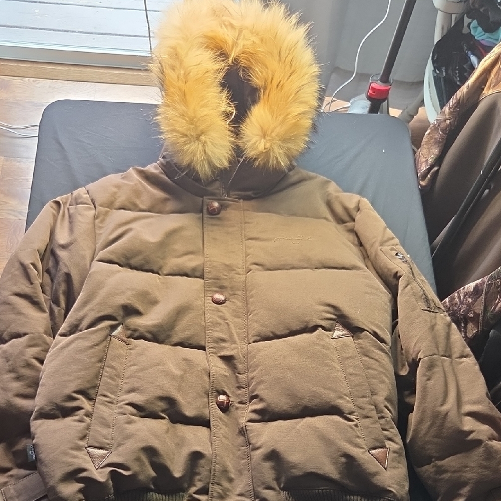 Men's Brown Sean John Y2K Puffer Jacket with Genuine Racoon Fur Hood Size L